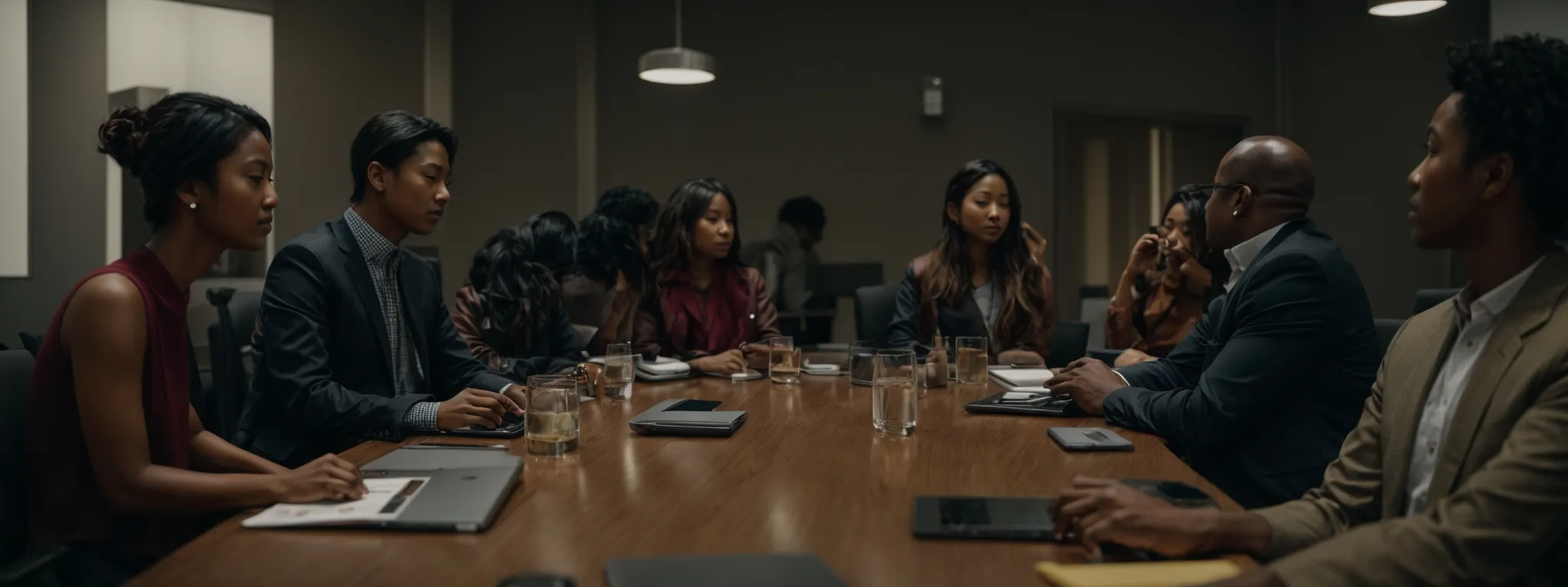 a group of people gathered around a conference table with laptops, actively engaging in discussion.