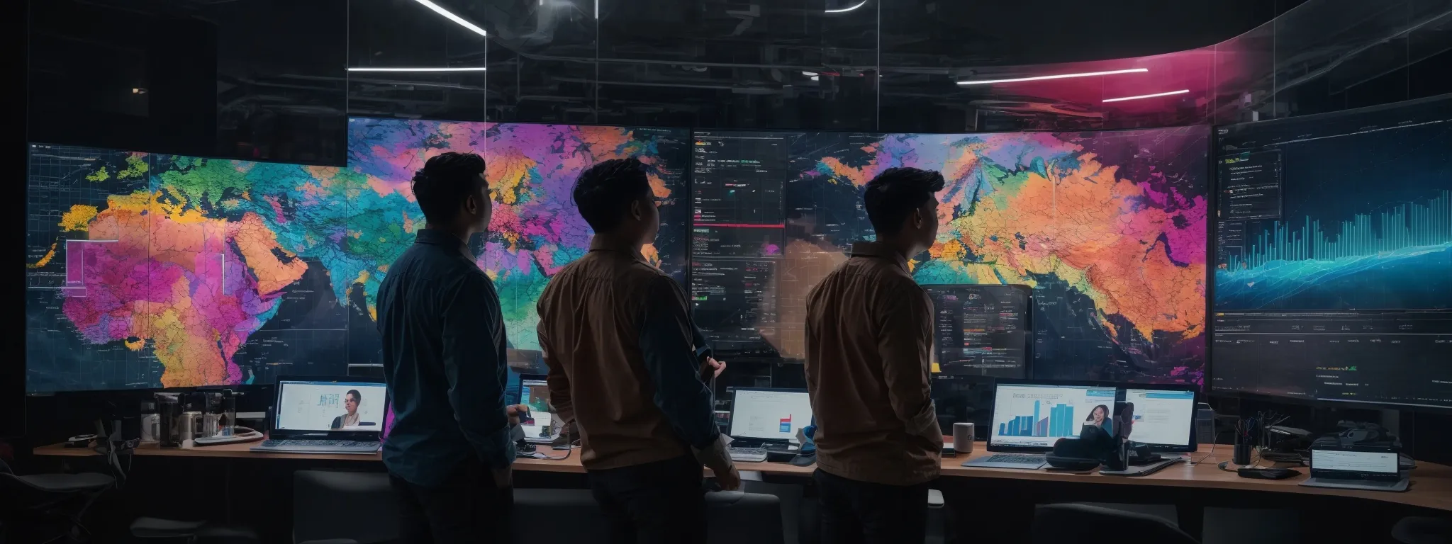 a diverse team of professionals gather around a large screen displaying colorful data visualizations and metrics, actively discussing seo strategies.
