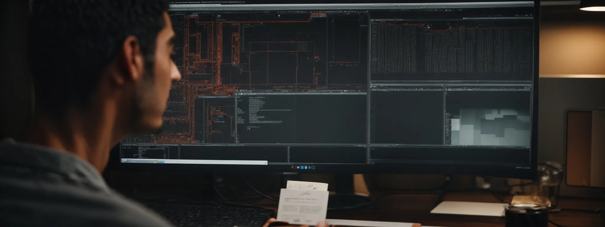 a web developer analyzes a website's architecture on a computer screen, improving its search engine optimization.