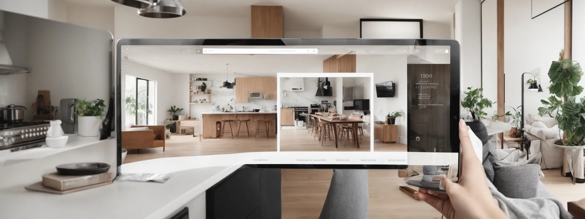 a person is swiping through a sleek and modern website on a tablet, browsing through a gallery of home renovation inspirations.