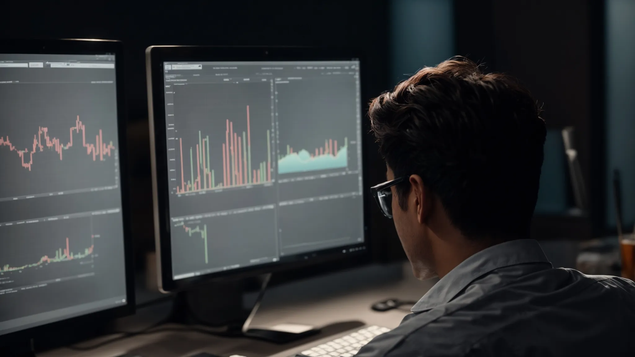 a person sitting at a computer, intently looking at a screen displaying a series of graphs and data points.