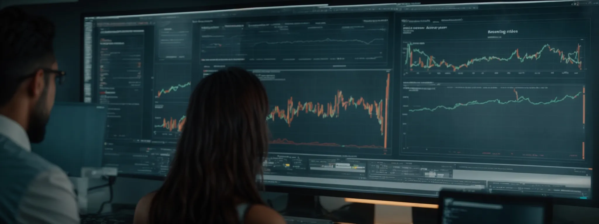 a marketer analyzes seo metrics on a computer screen, optimizing a website's content for better online reach.