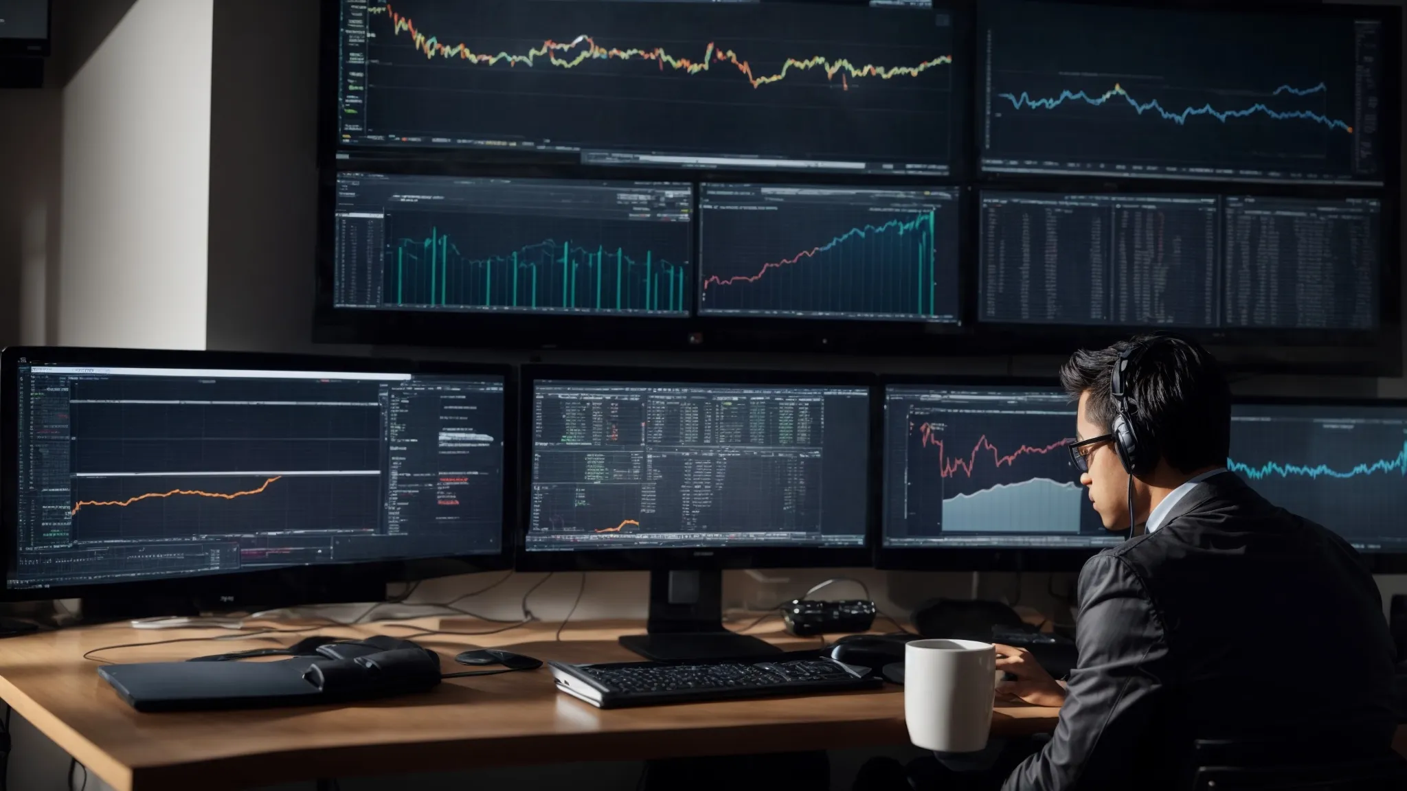 a person sits at a desk with multiple computer screens displaying graphs and website analytics.