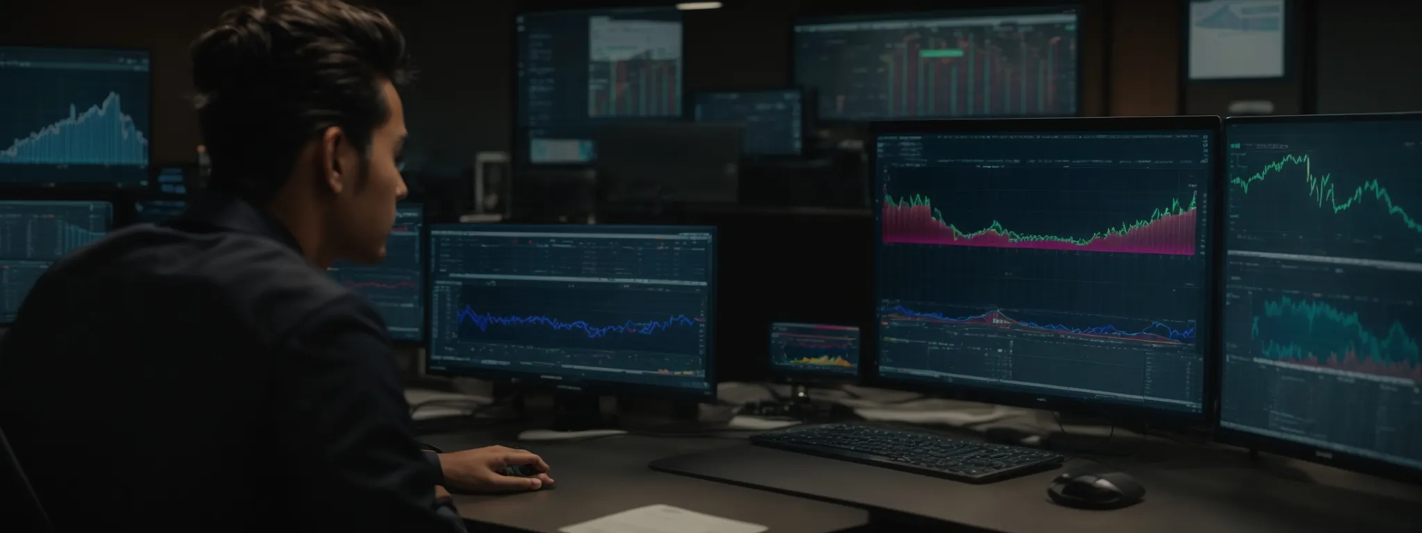a person sitting at a desk with multiple computer monitors displaying colorful graphs and charts.