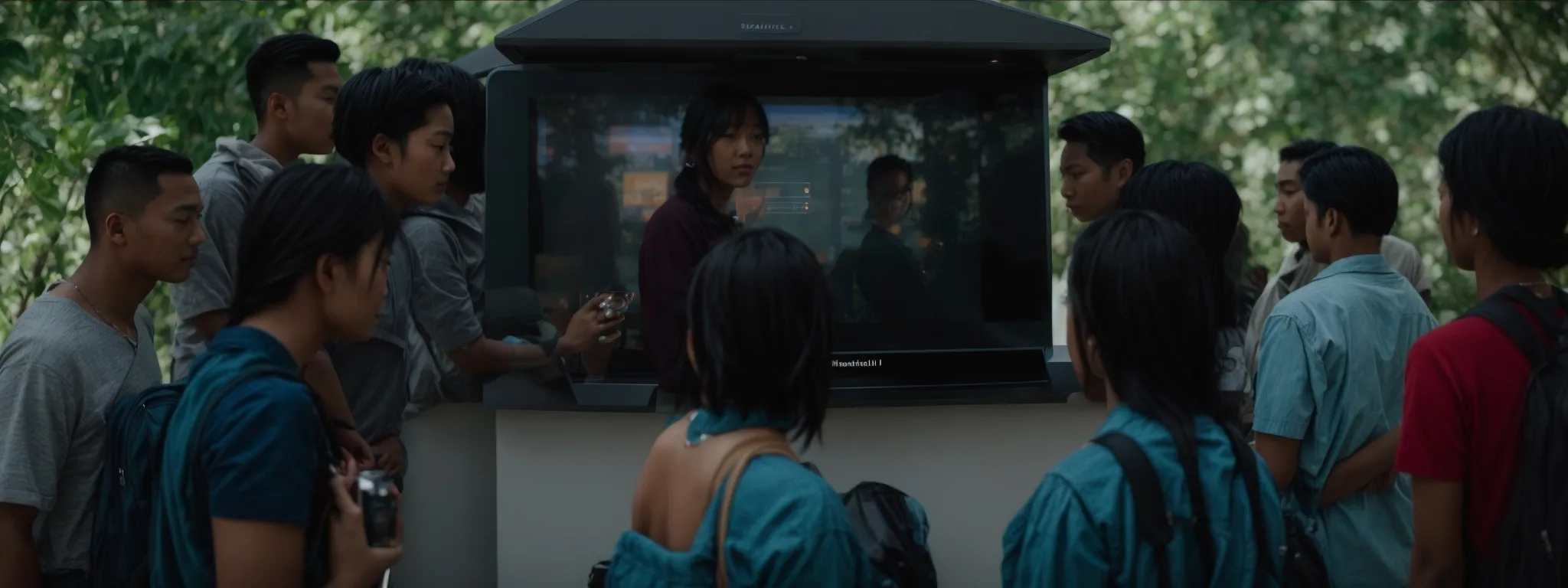 a group of people gathered around an interactive digital kiosk, engaged in a storytelling experience.