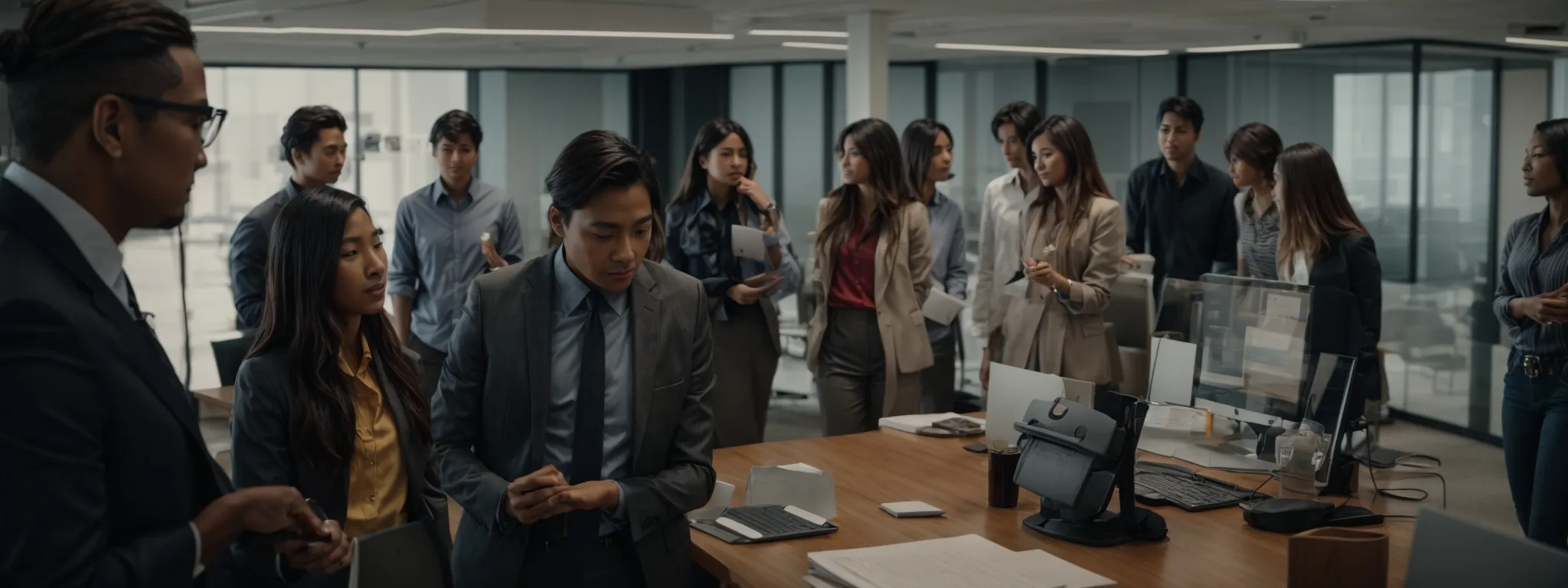a dynamic group of professionals engaging in a brainstorming session around a computer in a modern office setting.