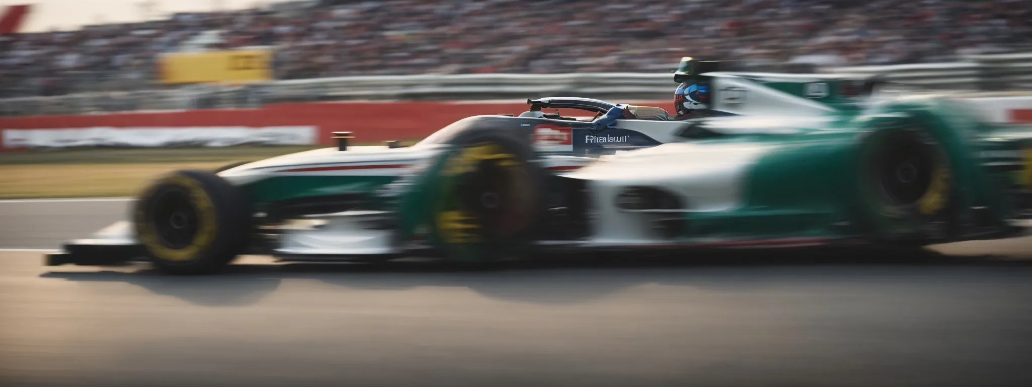 a person in a race car, symbolizing speed, blurring past a finish line on a race track, represents the concept of accelerating page speed for an improved user experience.