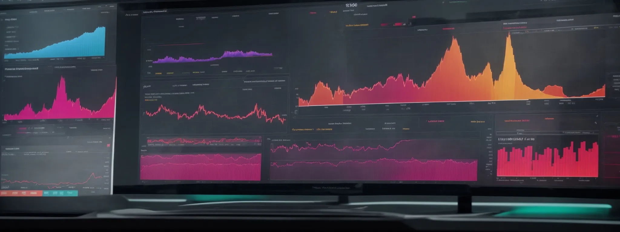 a computer screen displaying a colorful analytics dashboard with traffic graphs and keyword ranking charts.