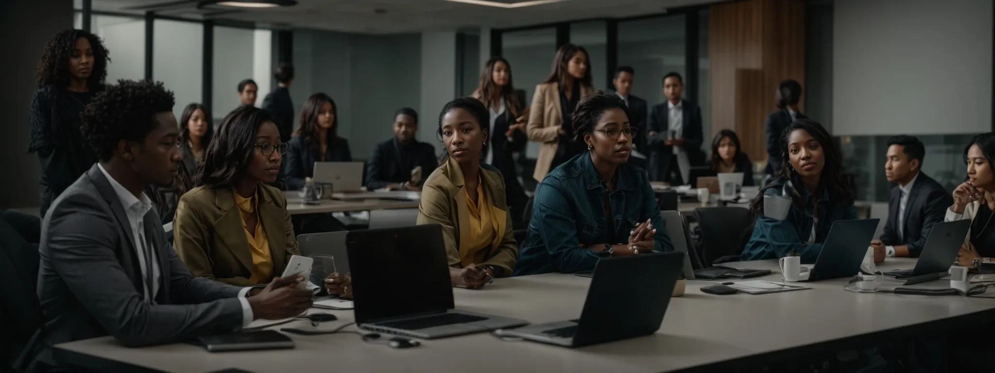 a diverse group of professionals gathers around a conference table with open laptops, discussing strategies.