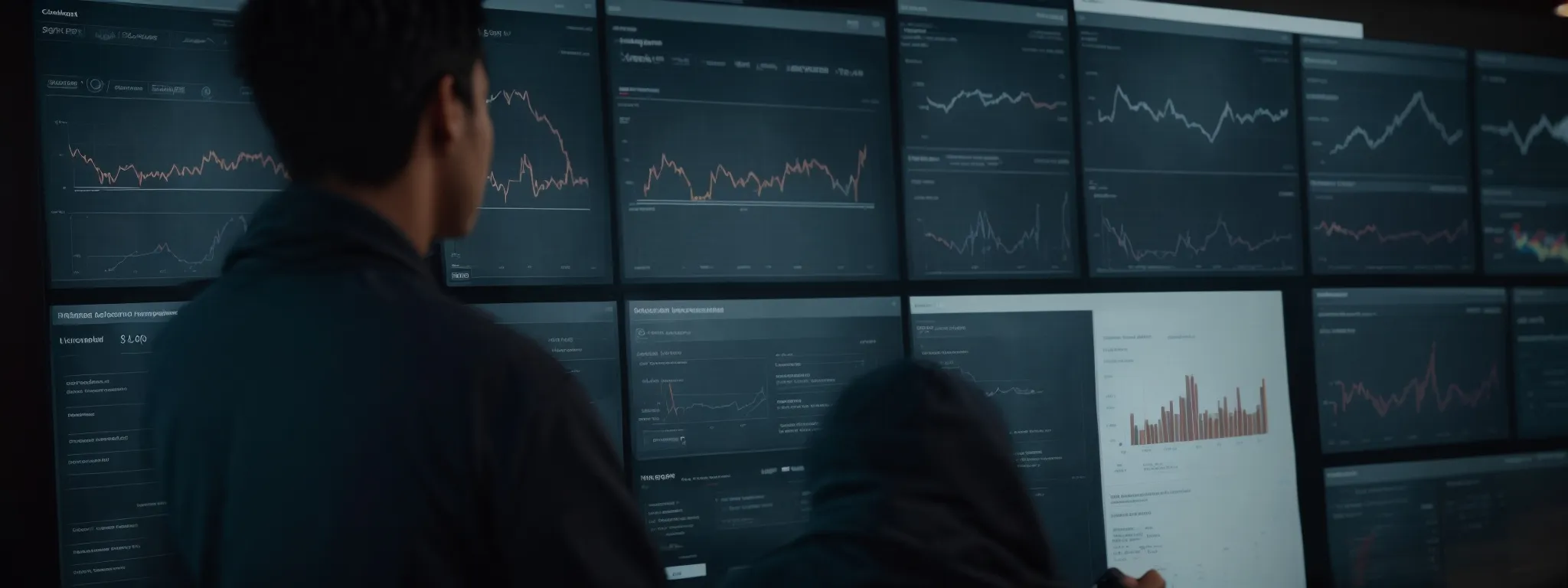 a person examining a large dashboard with various analytics and graphs depicting website performance and customer engagement.