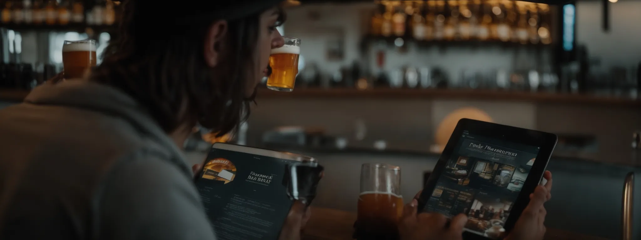 a person browsing a fast-loading brewery website on a tablet while enjoying a pint of beer.