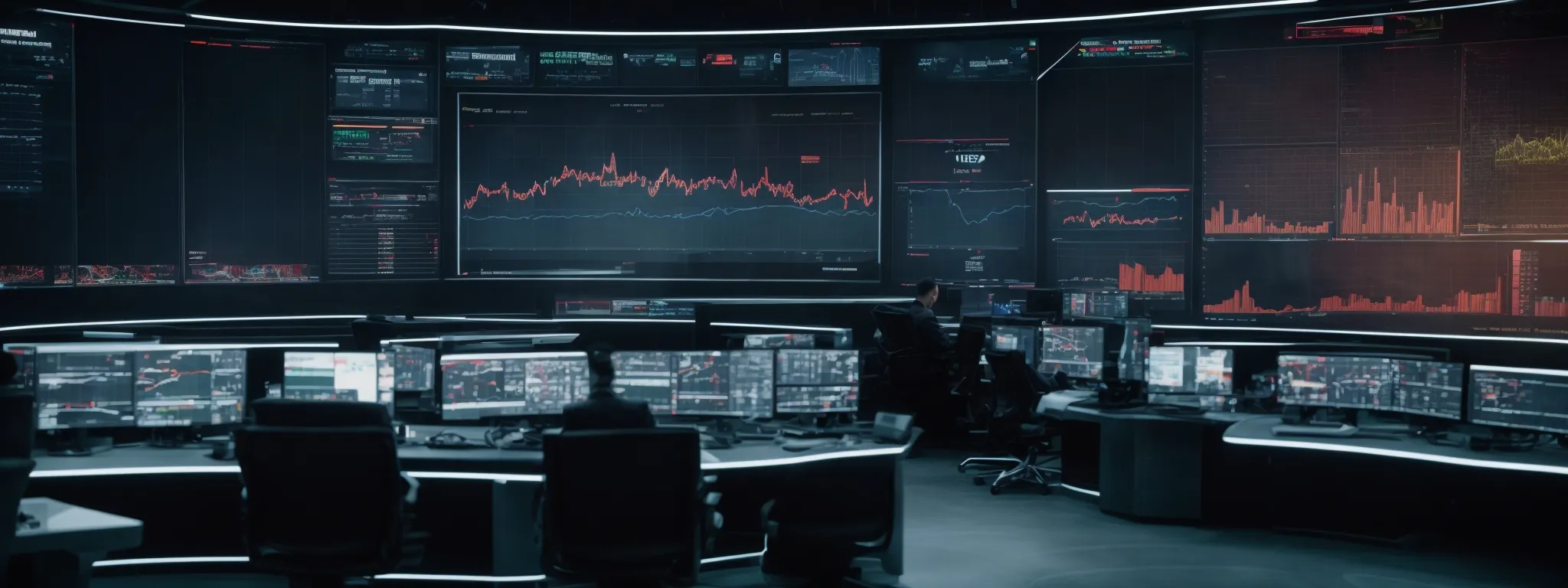 a futuristic control room with large screens displaying graphs and consumer data, operated by autonomous systems.