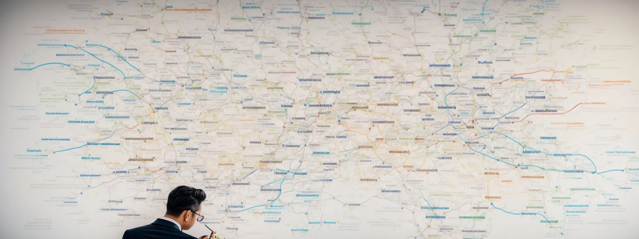 a marketer studies a sprawling mind map with various keywords interconnected, highlighting a central, bold concept.