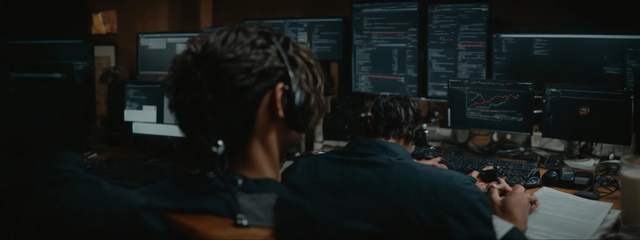 a web developer sits at a computer, adjusting seo settings on a website's backend interface.