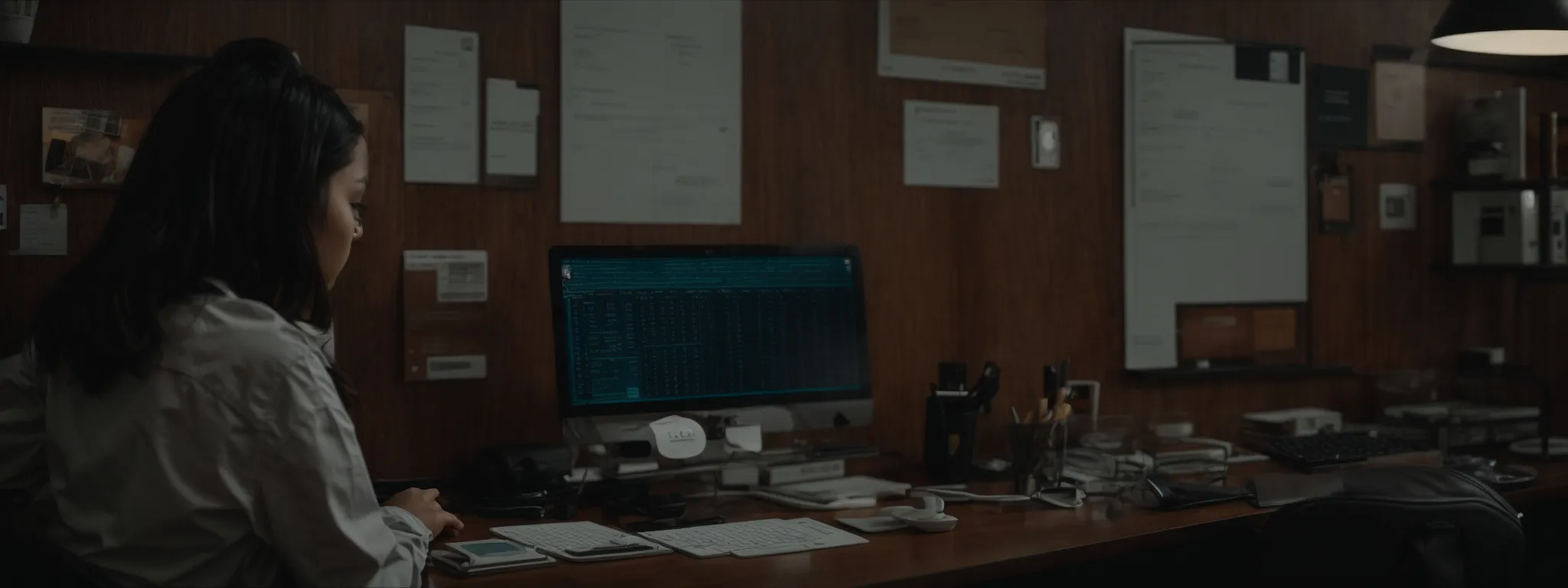 a store owner scrutinizes analytics dashboards on a computer within a cozy office setting.