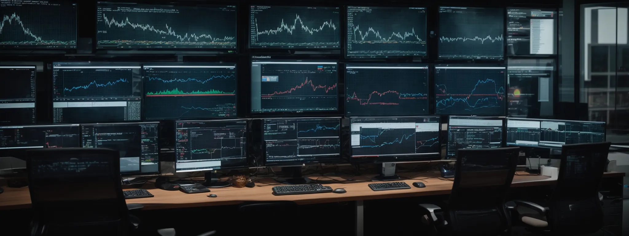 an office with multiple computer screens displaying graphs and analytics dashboards.