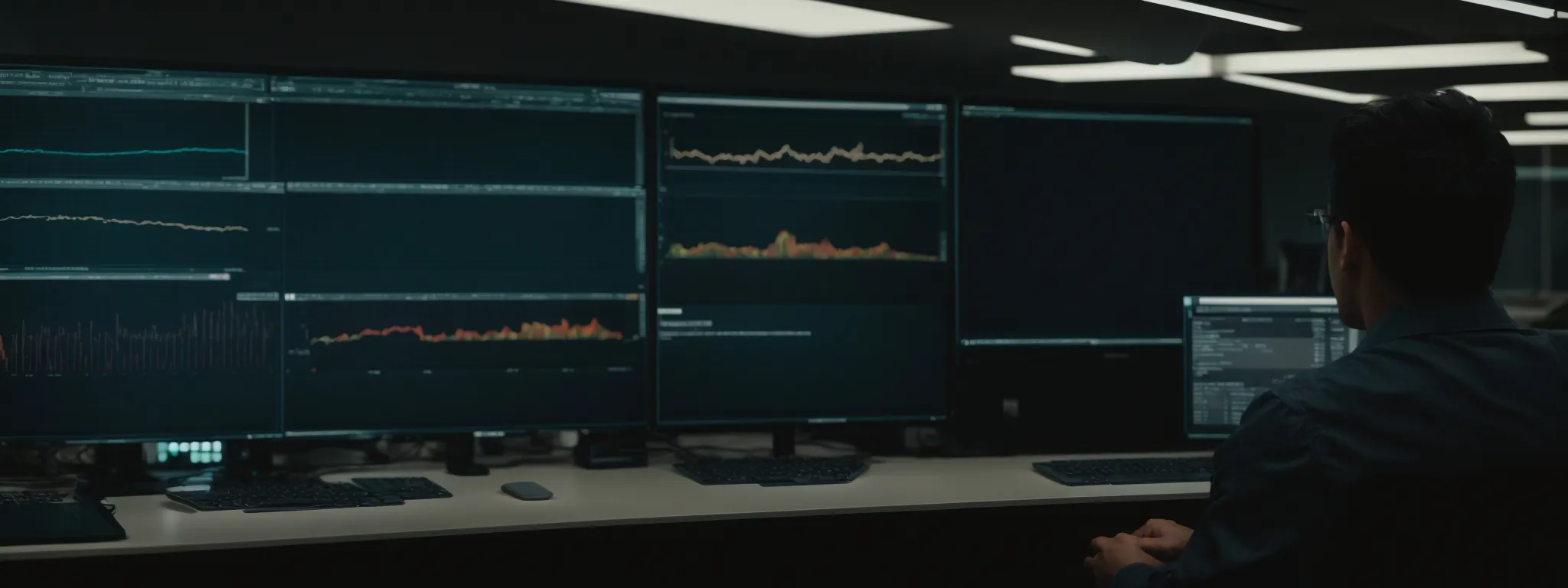 a person analyzing data on a computer screen in a modern office setting.
