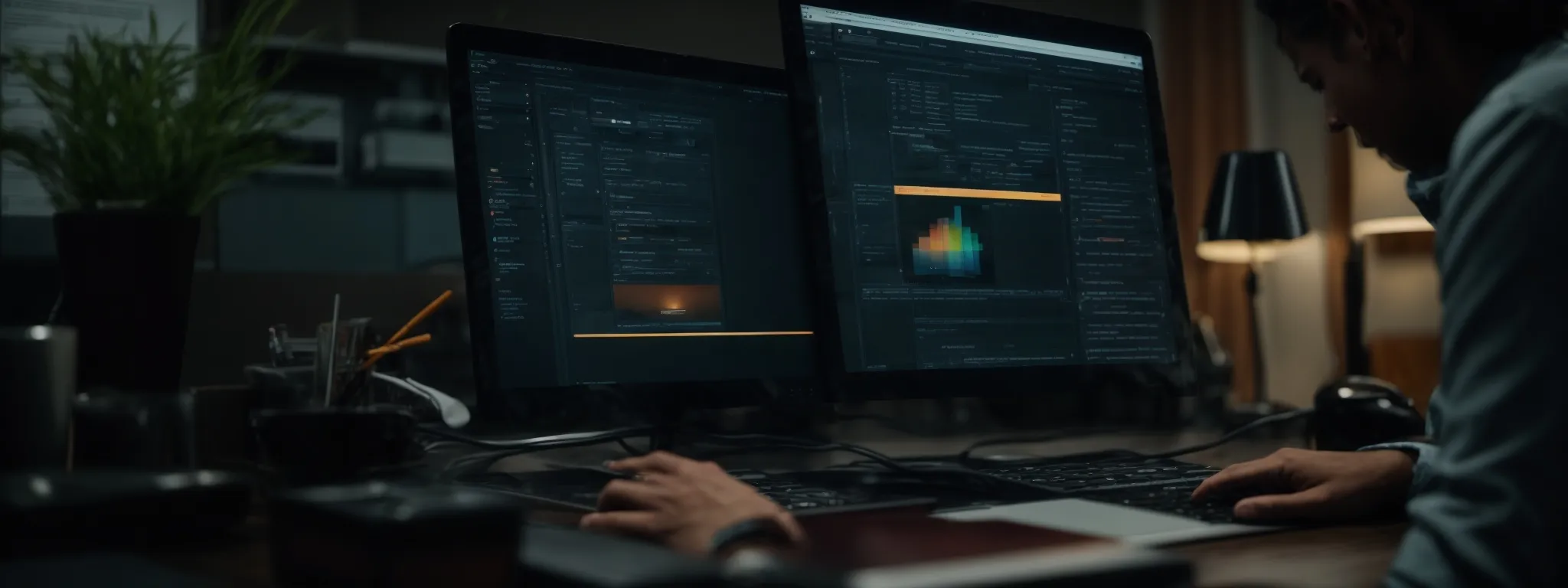 a professional analyzing a vibrant web interface on a computer screen, highlighting the url bar.