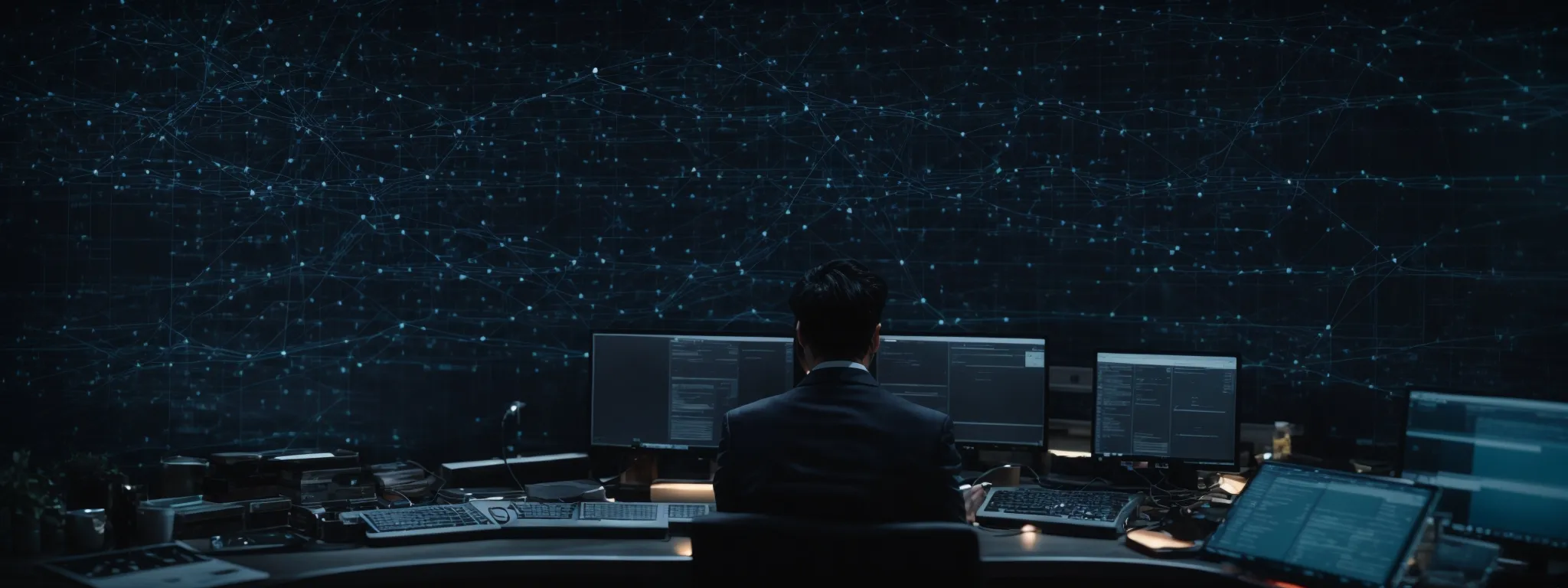 a person sitting at a computer, analyzing a network diagram representing various website connections.