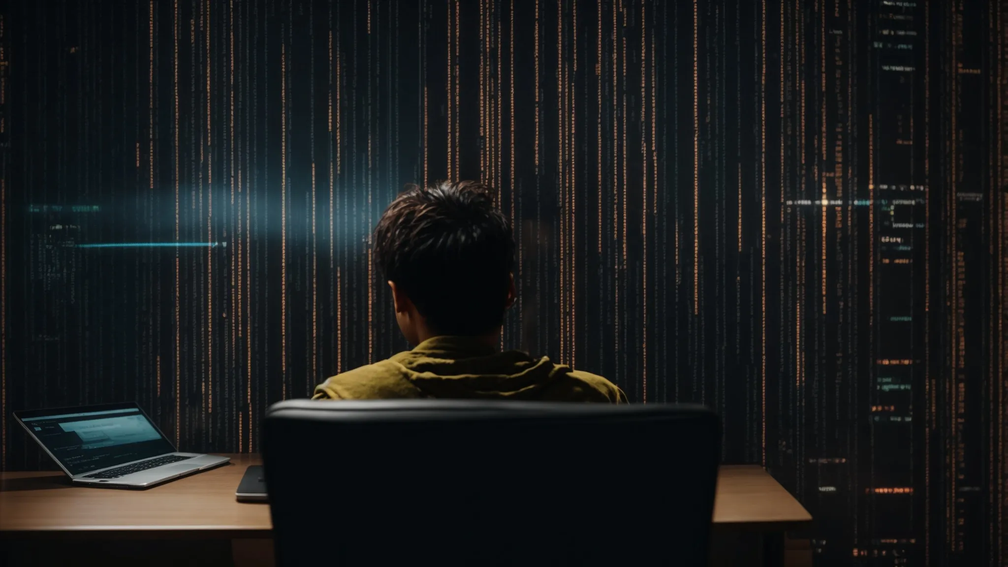 a web developer staring at a computer screen with lines of javascript code reflects on the complexities of search engine optimization.