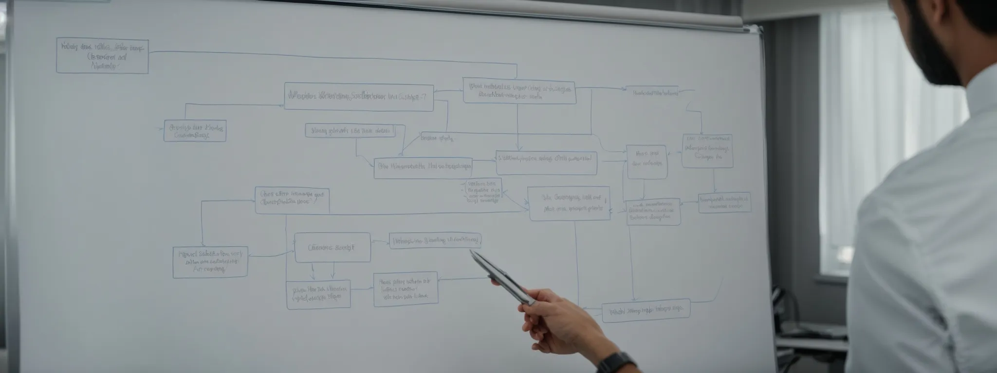 a marketing professional presents a flowchart on a whiteboard, illustrating a multi-stage content marketing strategy.