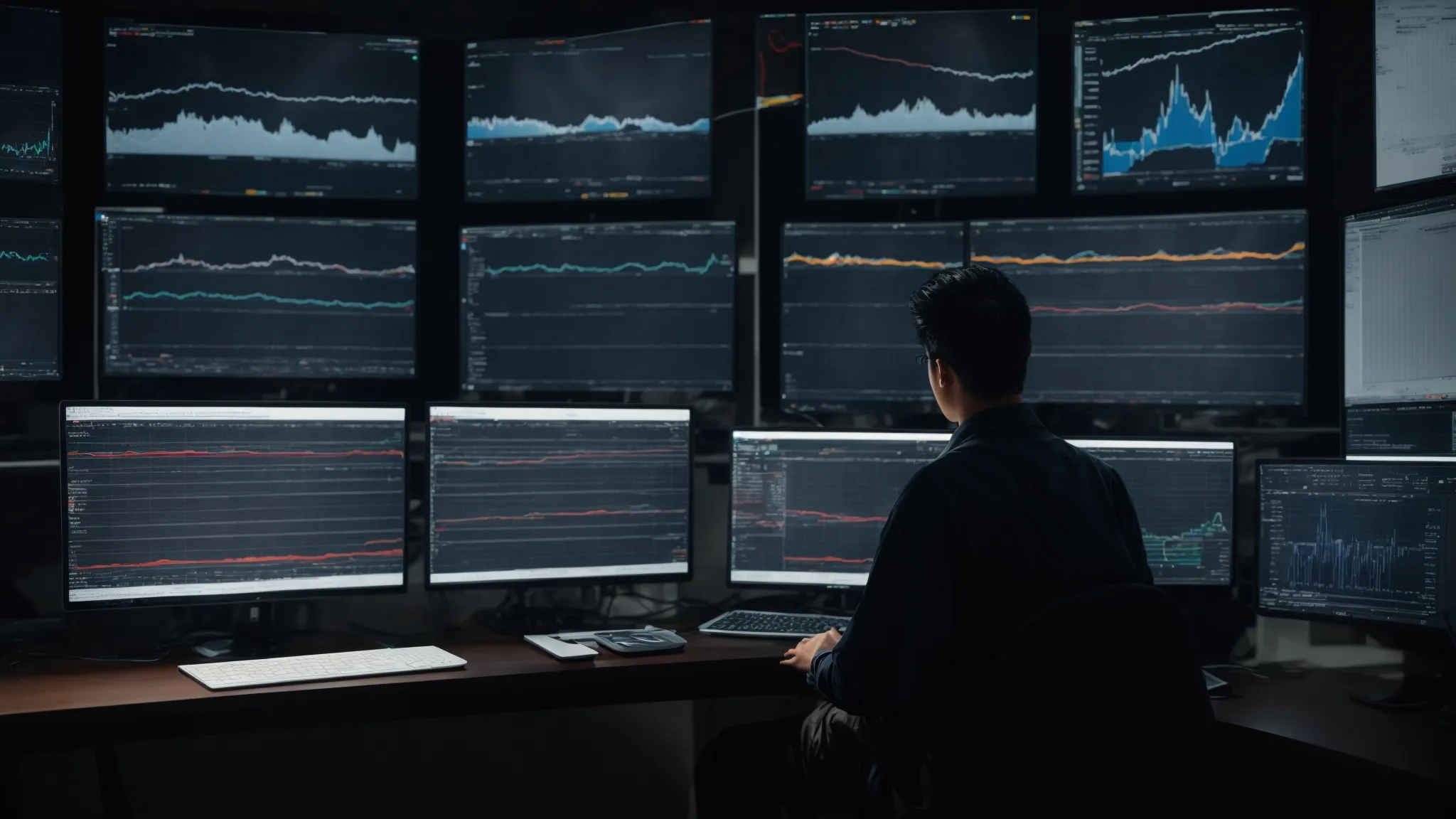 a person analyzing complex charts and data on multiple computer screens.
