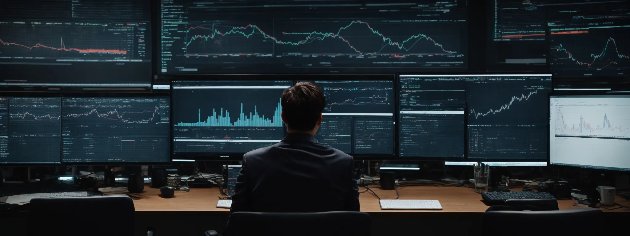 a person sits before multiple computer screens filled with graphs and analytics, adjusting a digital marketing strategy.