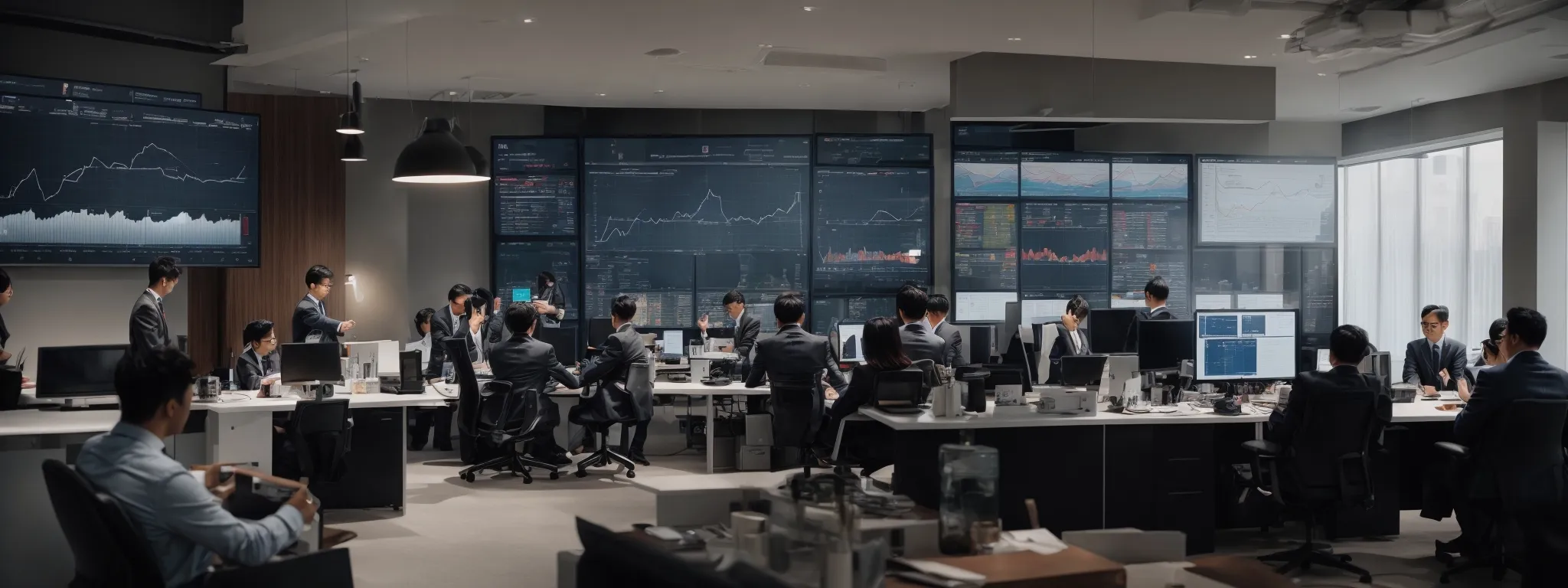 a modern office space with marketers gathered around a large screen, analyzing graphs and charts displaying email campaign metrics.