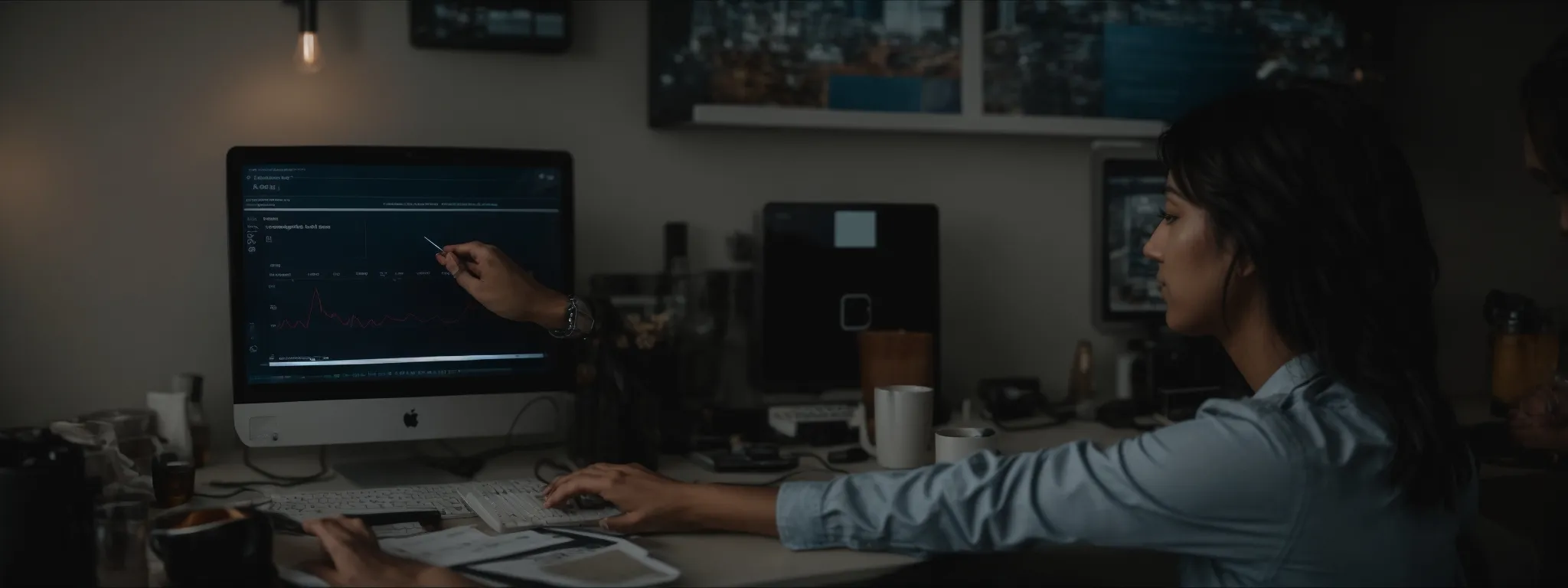 a professional using a stopwatch as a metaphor for measuring webpage loading speed in front of a computer screen displaying a website.