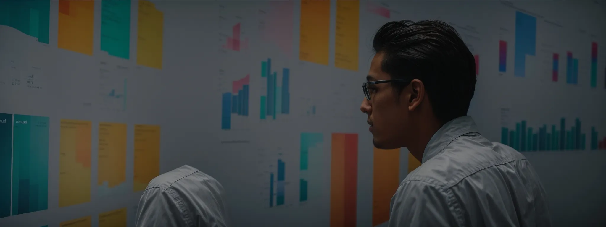 a person intently studies a large screen displaying colorful analytics graphs and search engine results pages.
