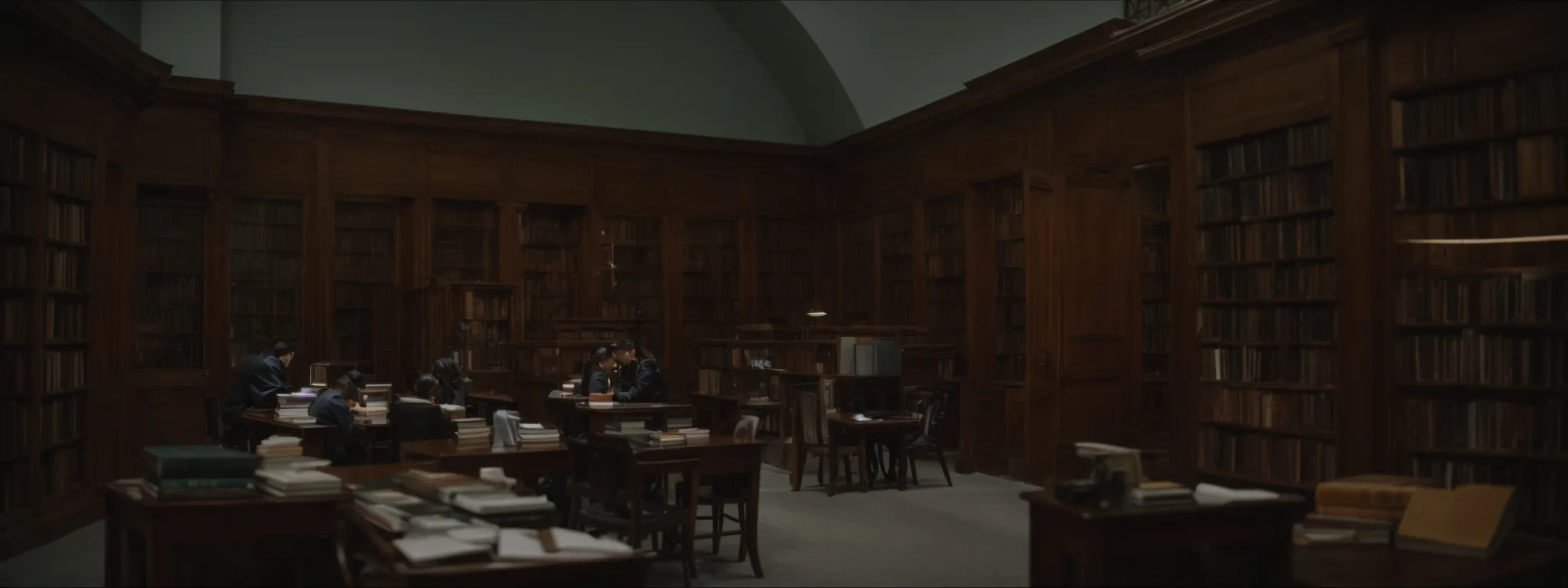 a serene library with visitors deeply engaged in researching through books and digital resources.