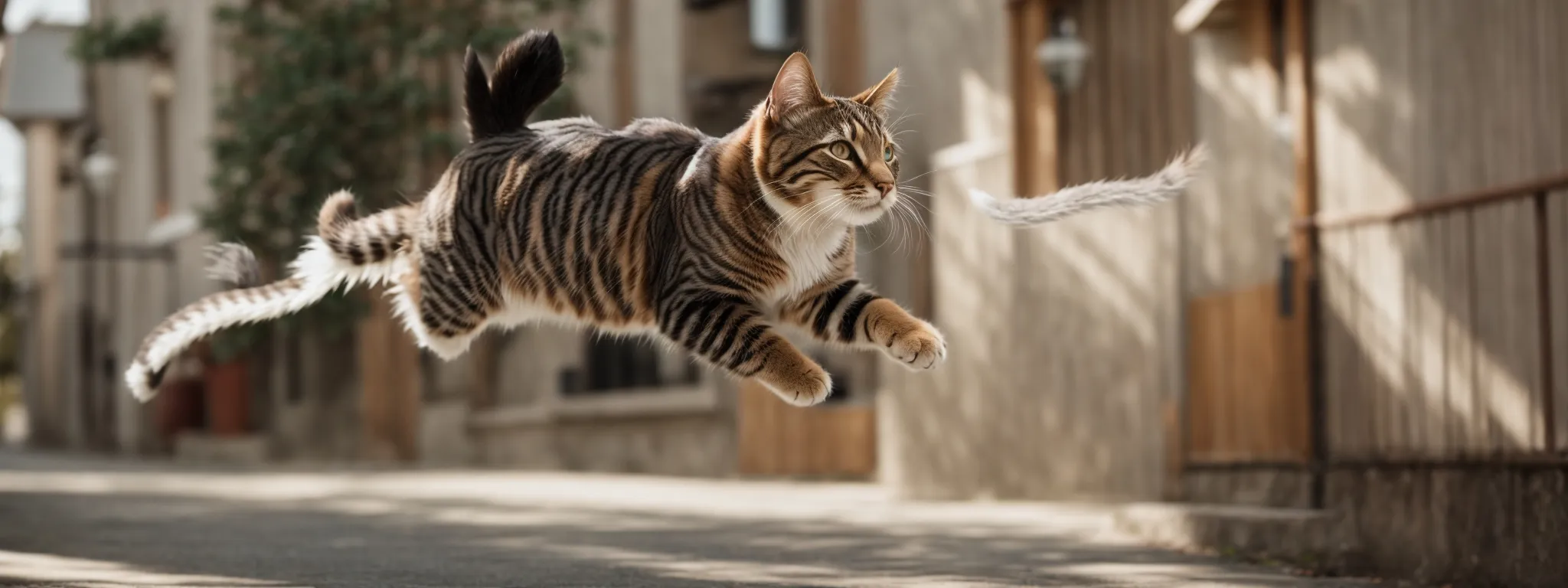 a cat pouncing mid-air, capturing movement and dynamism.