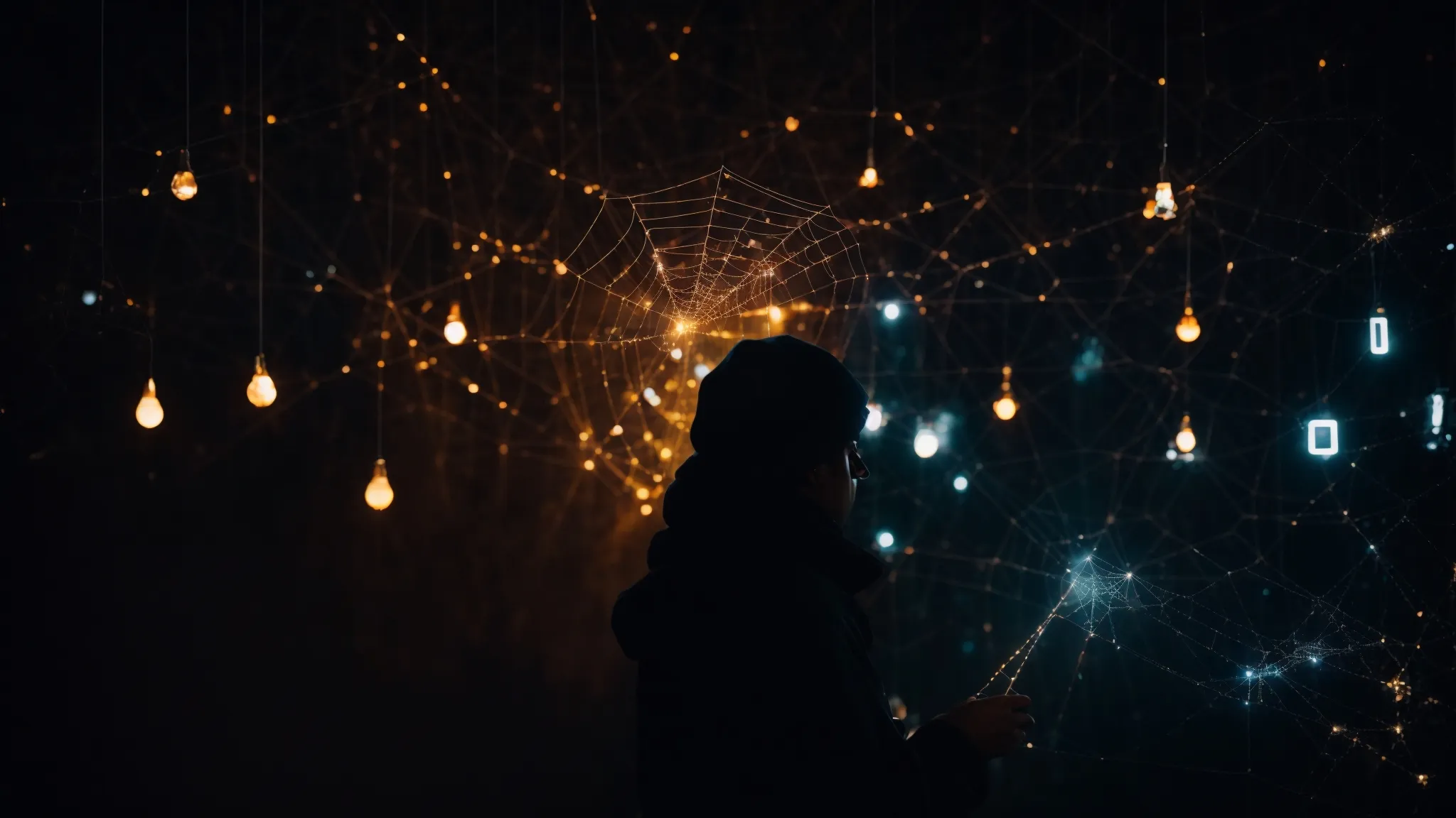 a shadowy figure manipulating a web of interconnected, glowing icons representing search results on a dark background.
