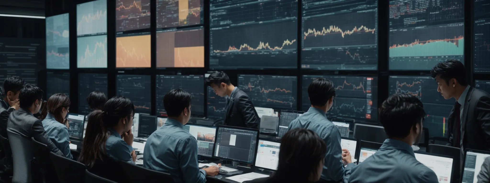 a group of professionals intently scrutinizing and pointing at analytics on a large digital screen showcasing marketing data and trends.
