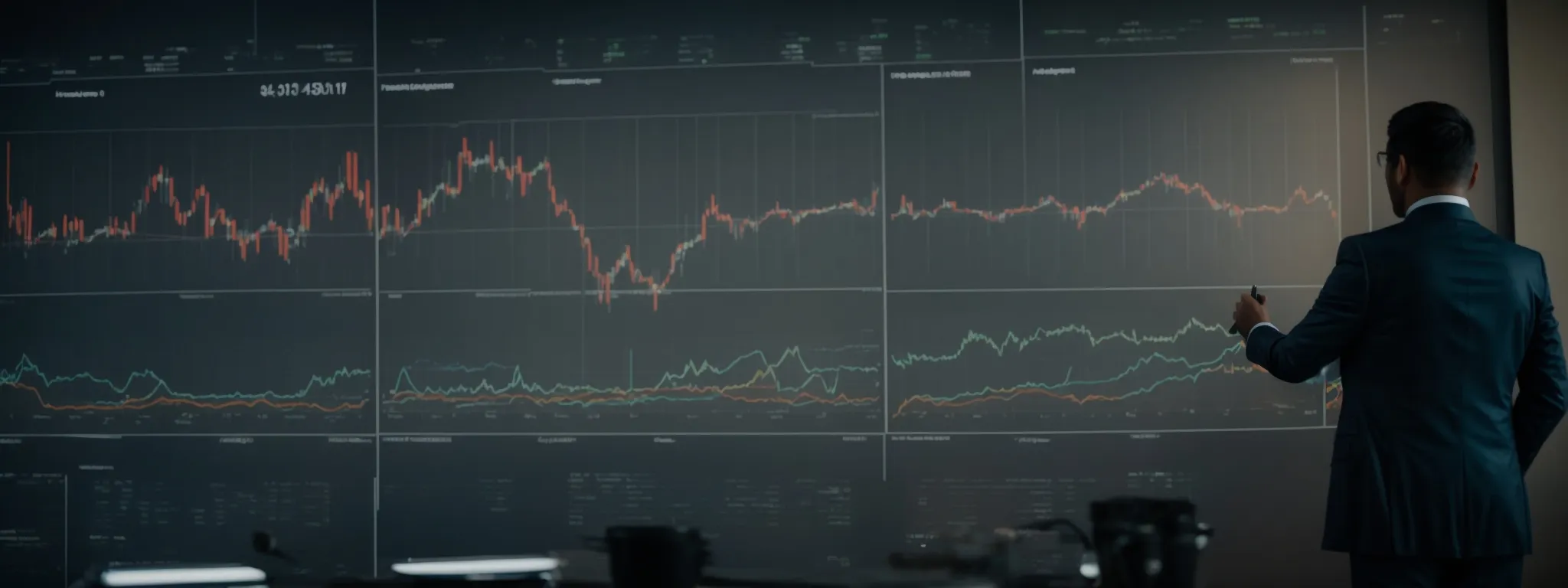 A person in a suit stands in front of a large digital screen displaying multiple financial charts and line graphs.