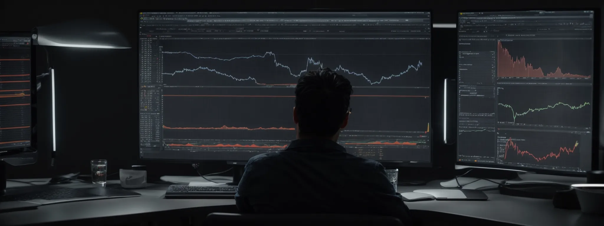 a person sitting before a computer, analyzing graphs and data on the screen to optimize a website's seo.