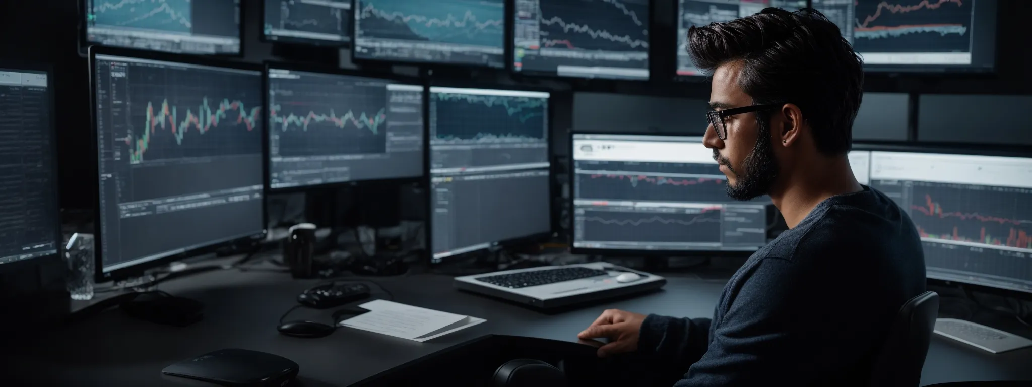 a person sitting at a modern workstation with dual monitors displaying graphs and audit reports, intensely analyzing seo performance metrics.