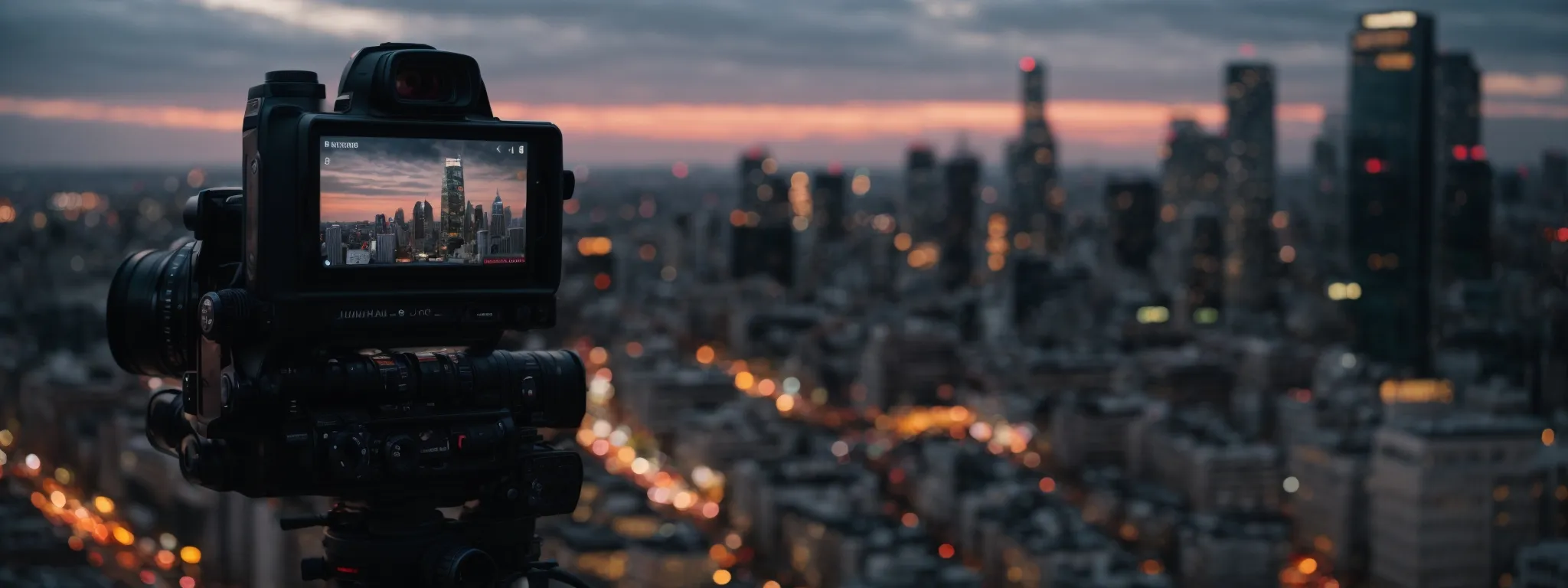 a camera focuses on an influencer recording a dynamic video against the backdrop of a vibrant, bustling cityscape at dusk.
