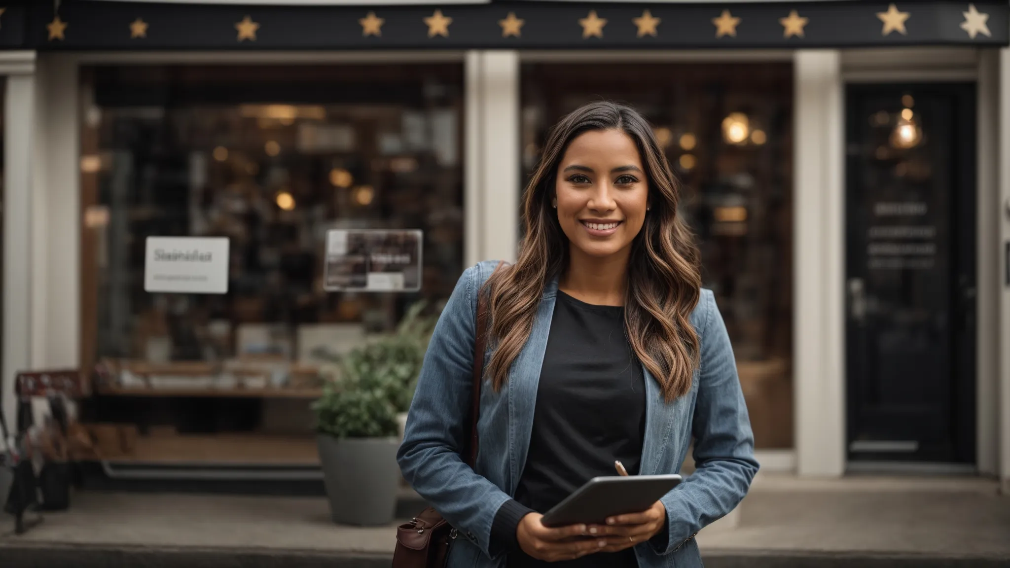 a business owner proudly showcases a five-star rating display on a digital tablet in front of a shop entrance.