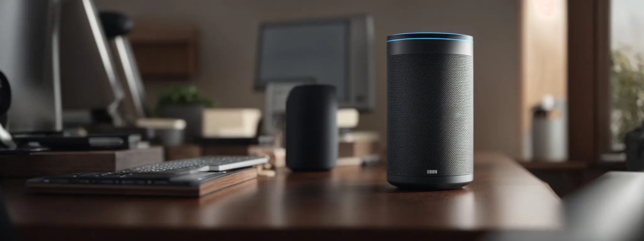 a person speaking into a smart speaker placed on a modern home-office desk, indicating an e-commerce voice search scenario.
