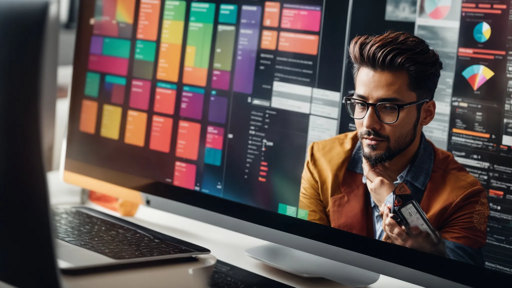 a marketer deduces insights from colorful pie charts and graphs on a computer screen, strategizing for online visibility.