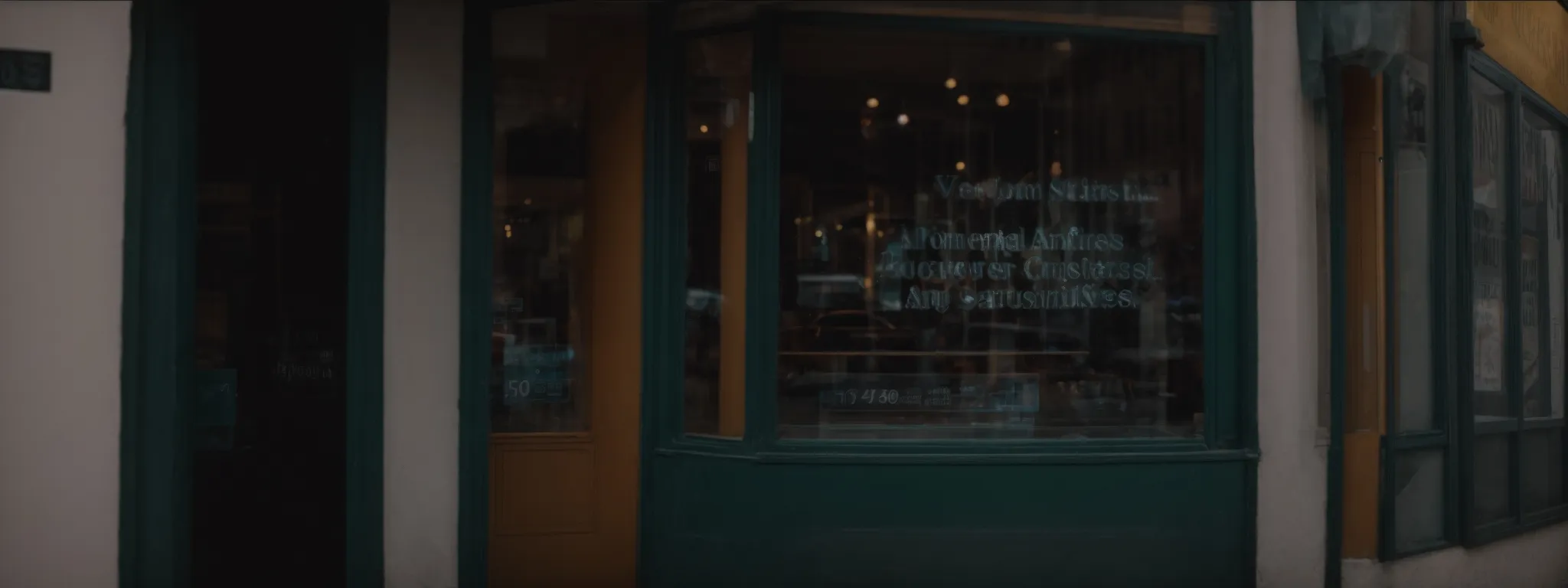 Storefront with dark green framing and a large front window displaying text, warm interior lighting visible inside the shop.