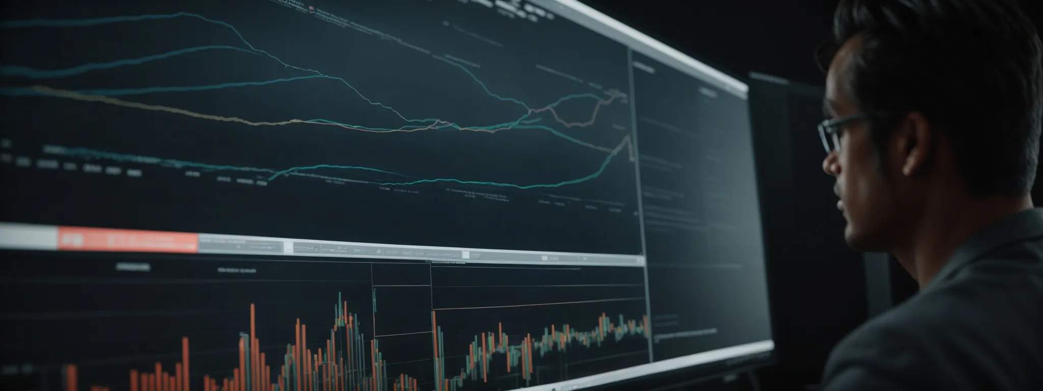 a professional staring at a dynamic dashboard on a computer screen, analyzing search engine rankings and website traffic data.