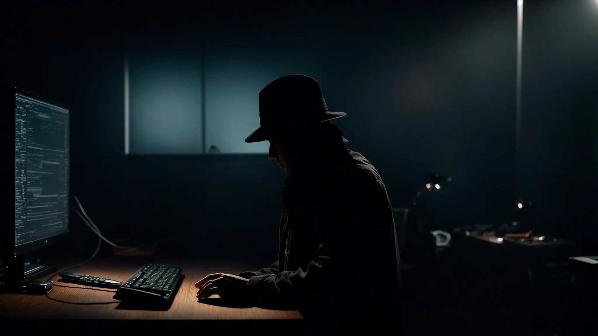 a shadowy figure nefariously manipulates a computer in a dimly lit room, symbolizing the unethical tactics of black hat seo.