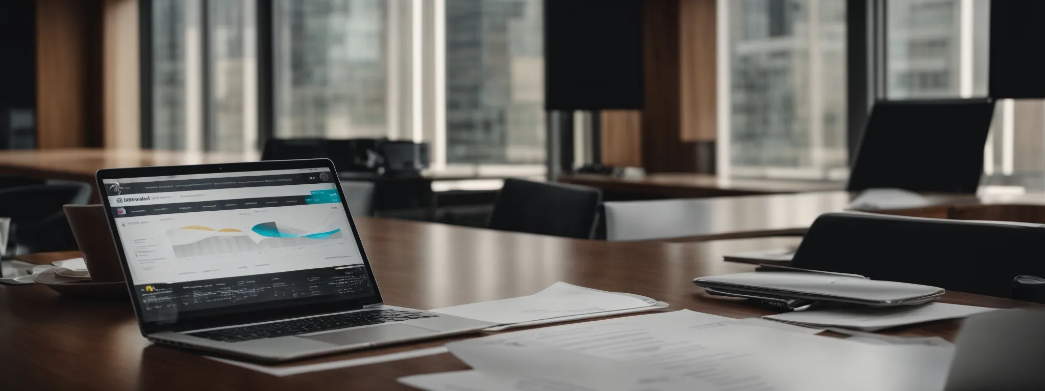 a boardroom with an open laptop displaying graphs next to a blank document and a digital clock ticking, representing strategic planning and time-sensitive nature of crafting a request for proposal (rfp).
