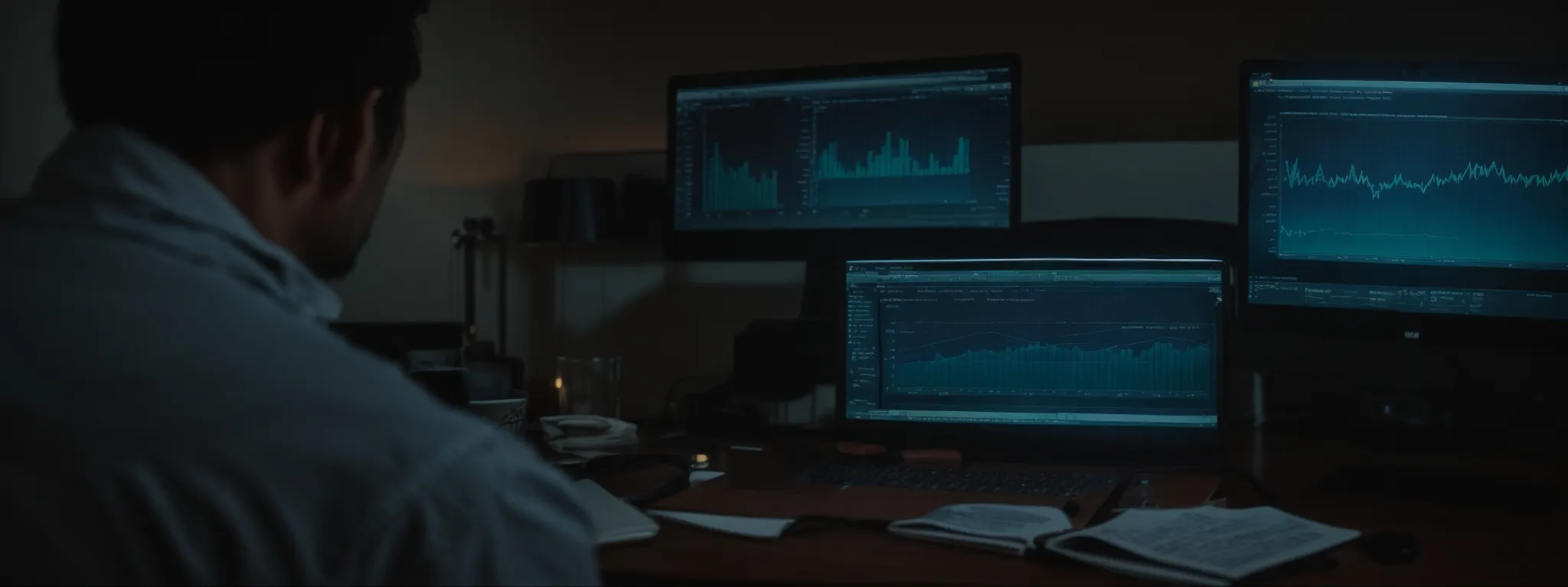 a professional studying analytics on a computer screen to optimize online ad targeting.