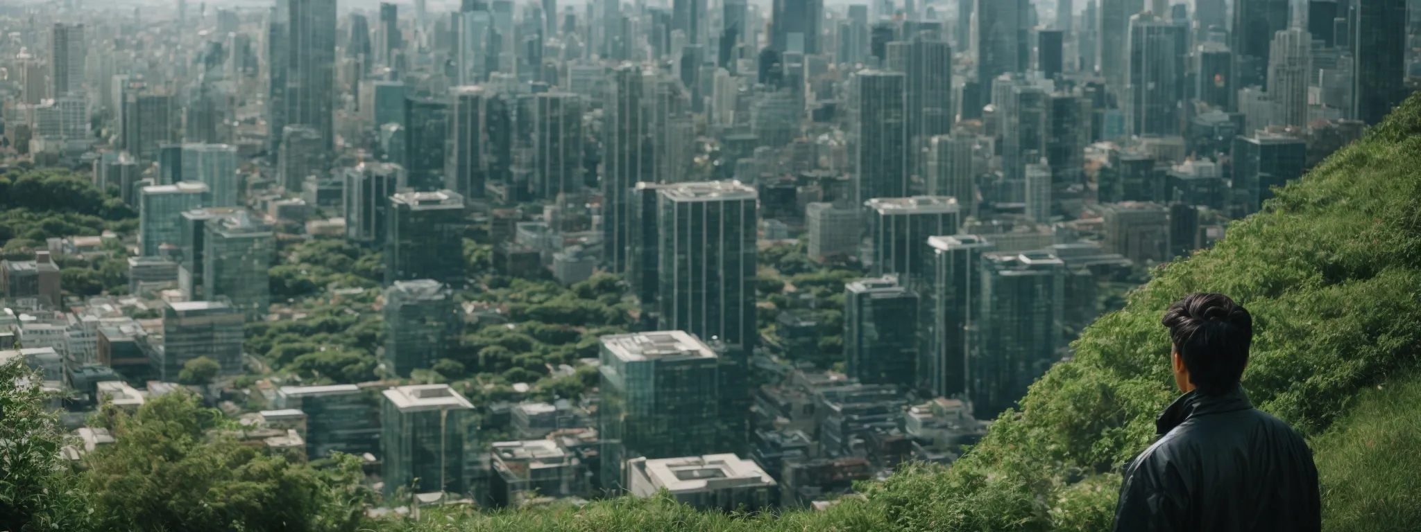 a person contemplating a futuristic cityscape that merges green spaces with high-tech buildings.