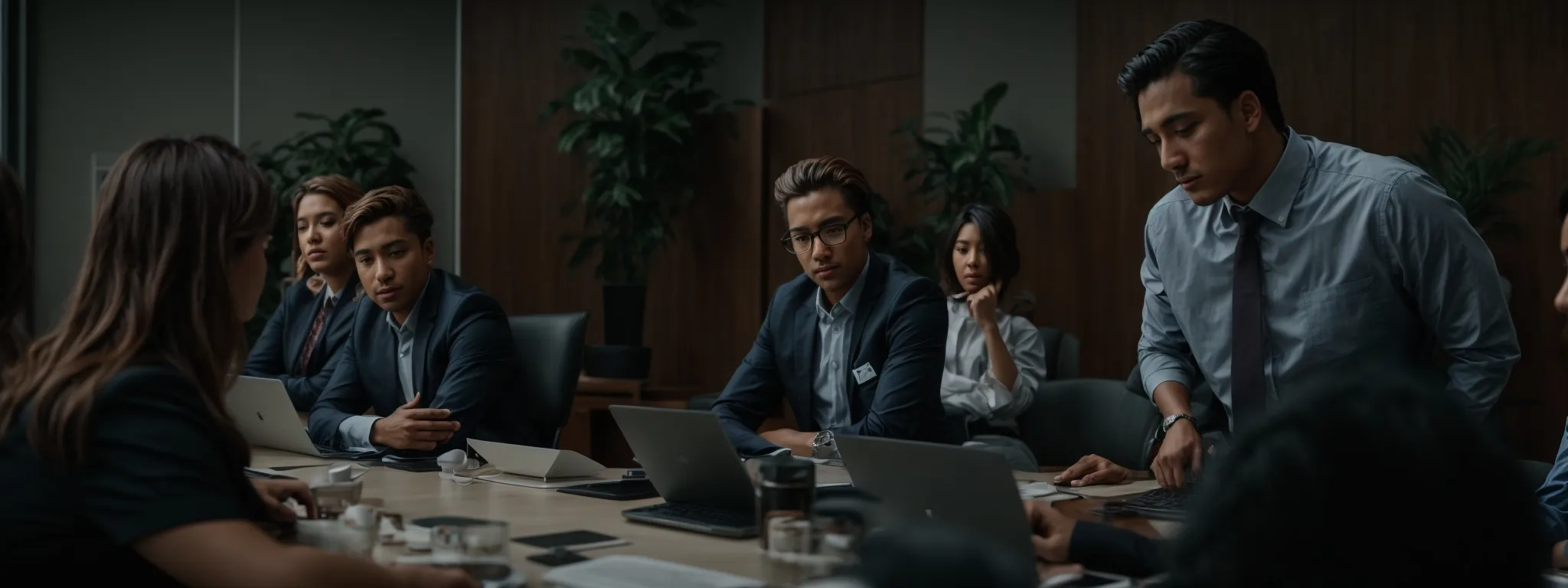 a diverse group of professionals sits around a conference table, strategizing over a shared laptop.