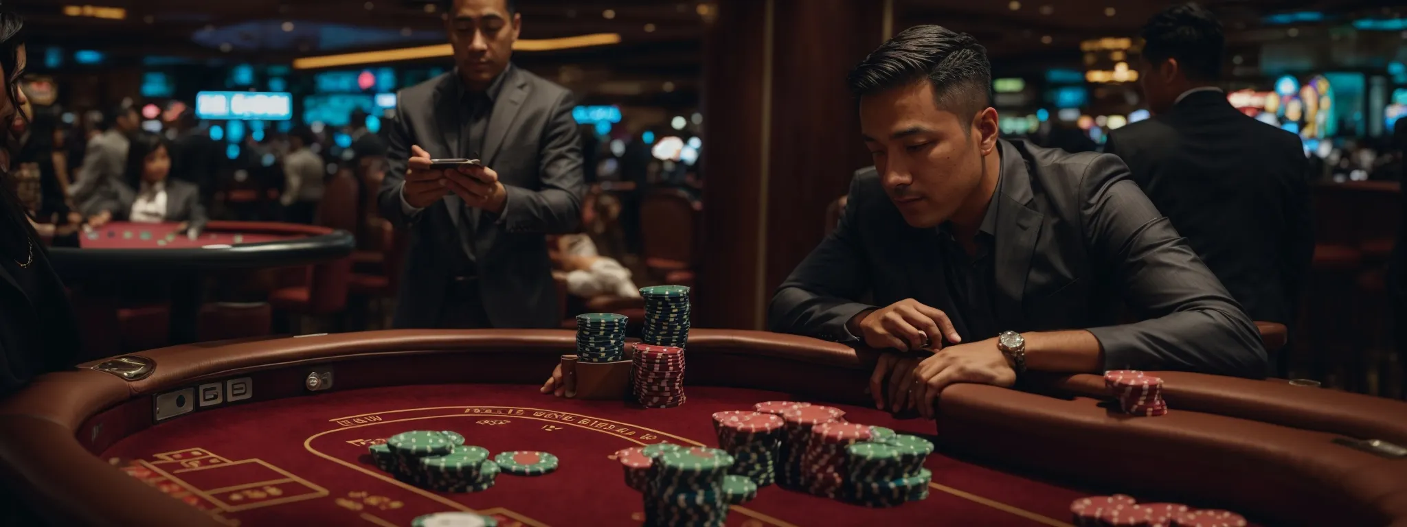 a casino marketer strategizes an online campaign on a bustling social media interface.