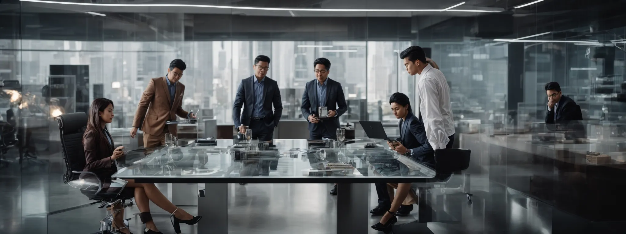 a dynamic team of marketers collaborates around a glass table, brimming with digital devices and real-time analytics dashboards.